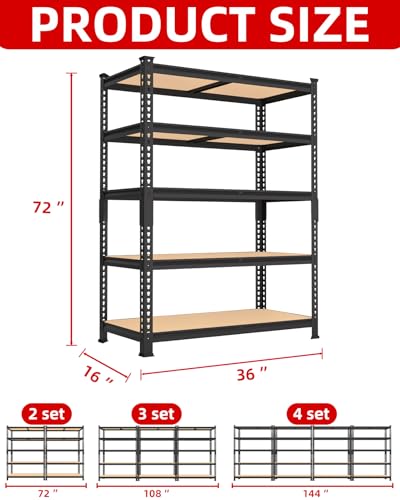 PrimeZone 2 Pack Storage Shelves 48" x 24" x 72" - 5 Tier Heavy Duty Adjustable Garage Storage Shelving, Metal Storage Utility Rack Shelf Unit for Warehouse Pantry Closet Kitchen, Black