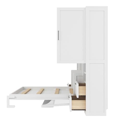 KLMM Wooden Murphy Bed Wall Bed with 2 Wardrobe and Storage Shelf,Foldable Platform Bedframe for Guest-Room Bedroom Study Office Use (White#E, Full)