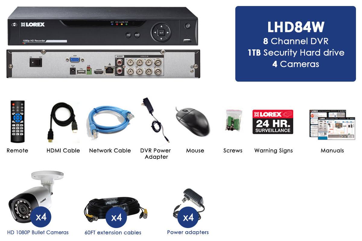 Lorex LHD84W HD 1080p 4 Cameras 8 Channel Weatherproof DVR Surveillance Security System New