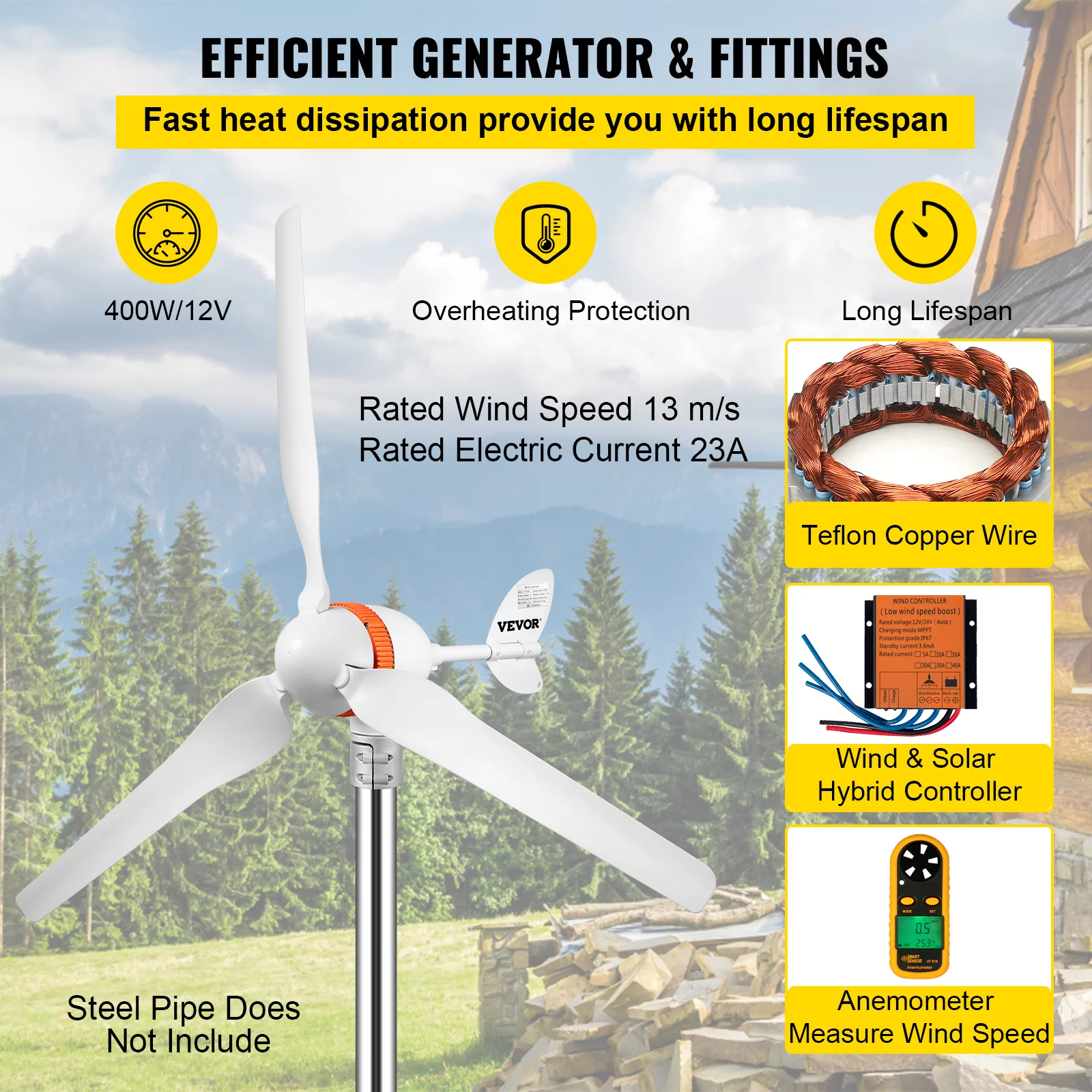 VEVOR Wind Turbine Generator, 12V/AC Wind Turbine Kit, 400W Wind Power Generator with MPPT Controller 3 Blades Auto Adjust Windward Direction Suitable for Terrace, Marine, Motor Home, Chalet, Boat