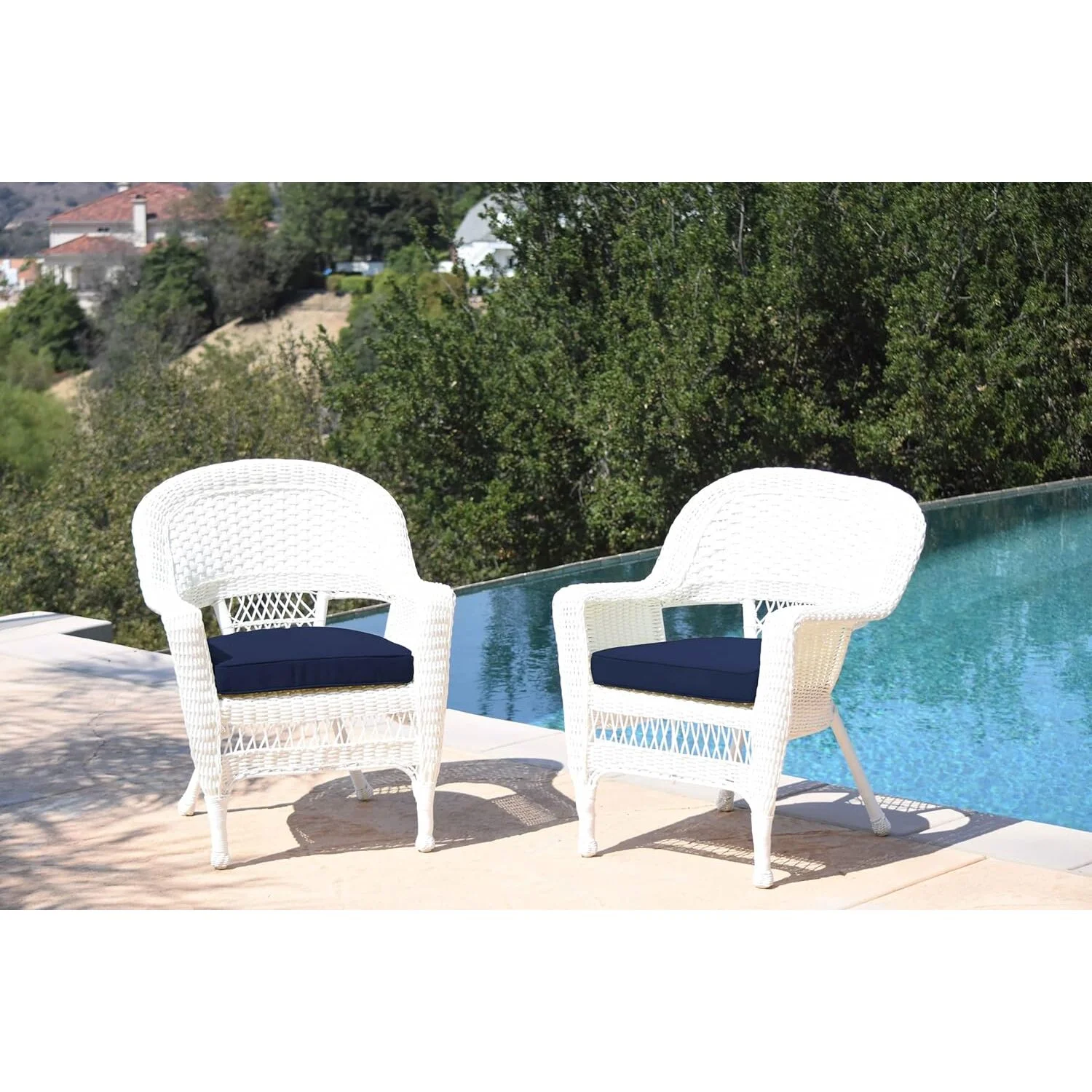 Jeco White Wicker Chair with Blue Cushion - Set of 2