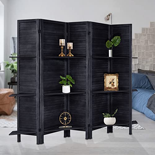 Room Divider with Shelves, Privacy Screen, Room Dividers and Folding Privacy Screens, 5 Panel Wood Temporary Wall Partition Separation Separator, Coconut