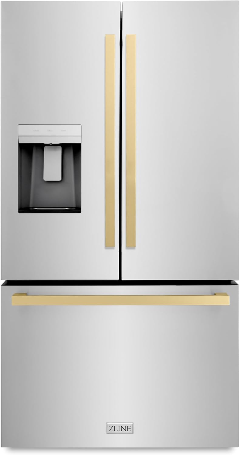 28.9 cu. ft. Standard-Depth French Door External Water Dispenser Refrigerator with Dual Ice Maker in Fingerprint Resistant Stainless Steel and Champagne Bronze Square Handles (RSMZ-W-36-FCB)