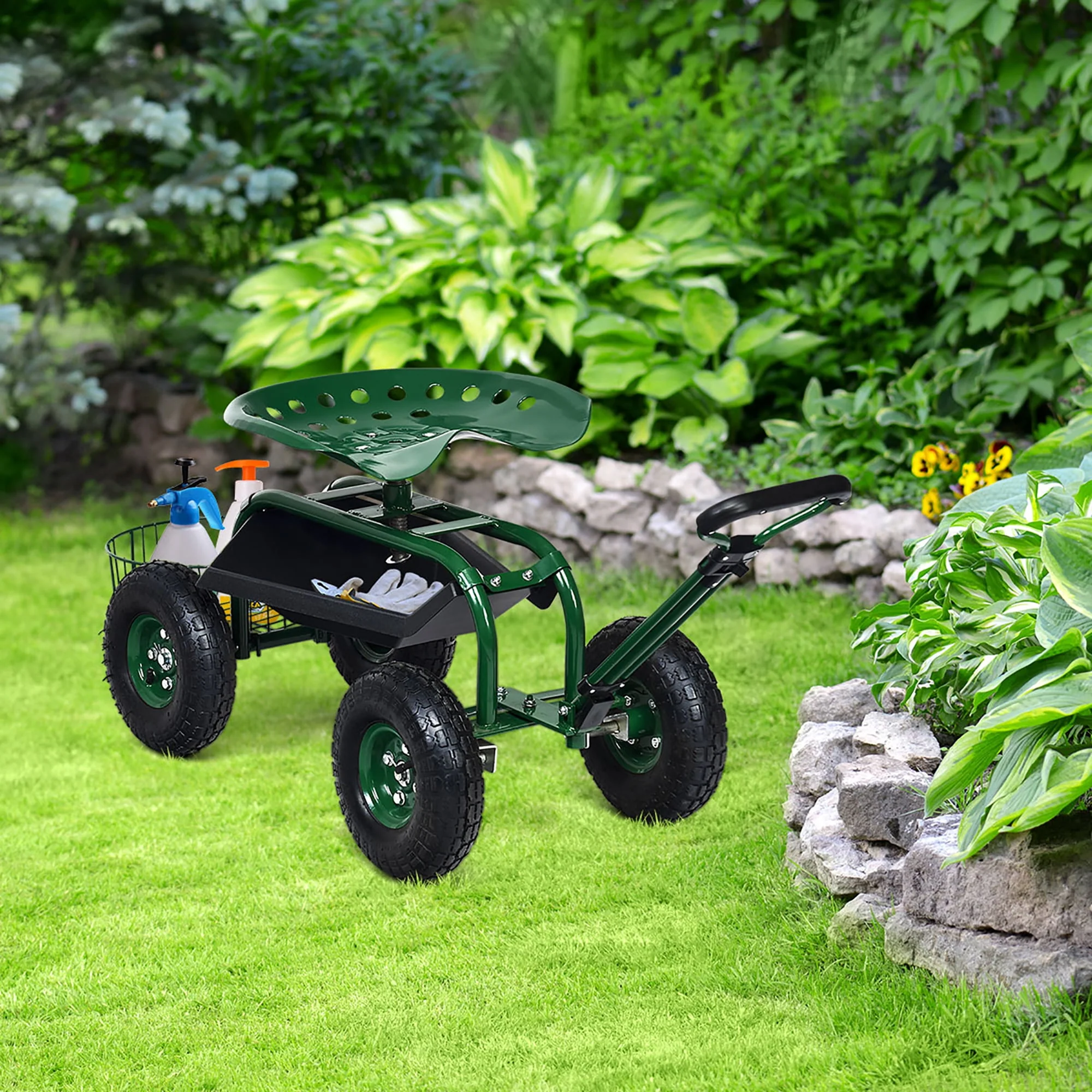 Costway Garden Cart Rolling Work Seat w/Tray Basket E xtendable Handle Green