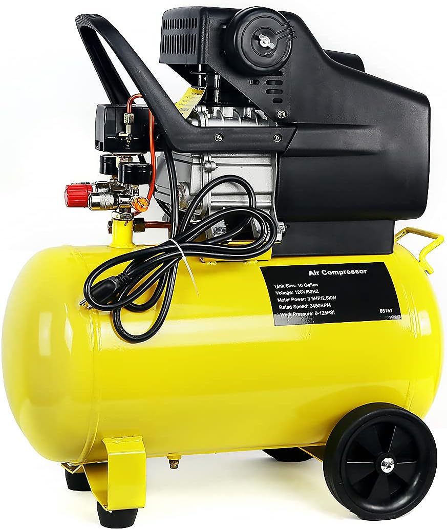 Stark USA 10-Gallon Portable Air Compressor Horizontal Tank 3.5HP Air Compressor Quiet Compressor w/Wheel, Yellow