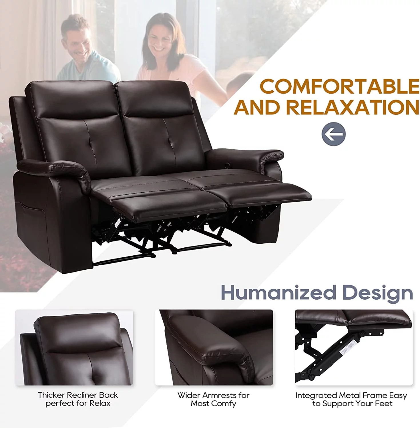 PU Leather Reclining Sofa - Manual Double Recliner Loveseat with Massage & Heating - 2-Seater Home Theater Seating for Living Room, Reading Room, Bedroom (Brown)