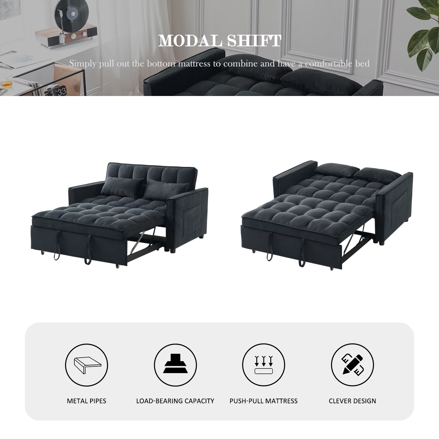 Tzicr 55.5'' 3-in-1 Convertible Sleeper Sofa Bed, Modern Velvet Loveseat Futon Couch Pullout Bed with Adjustable Backrest, Side Storage Pockets and Pillows. (Black) - Curated Treasures Market