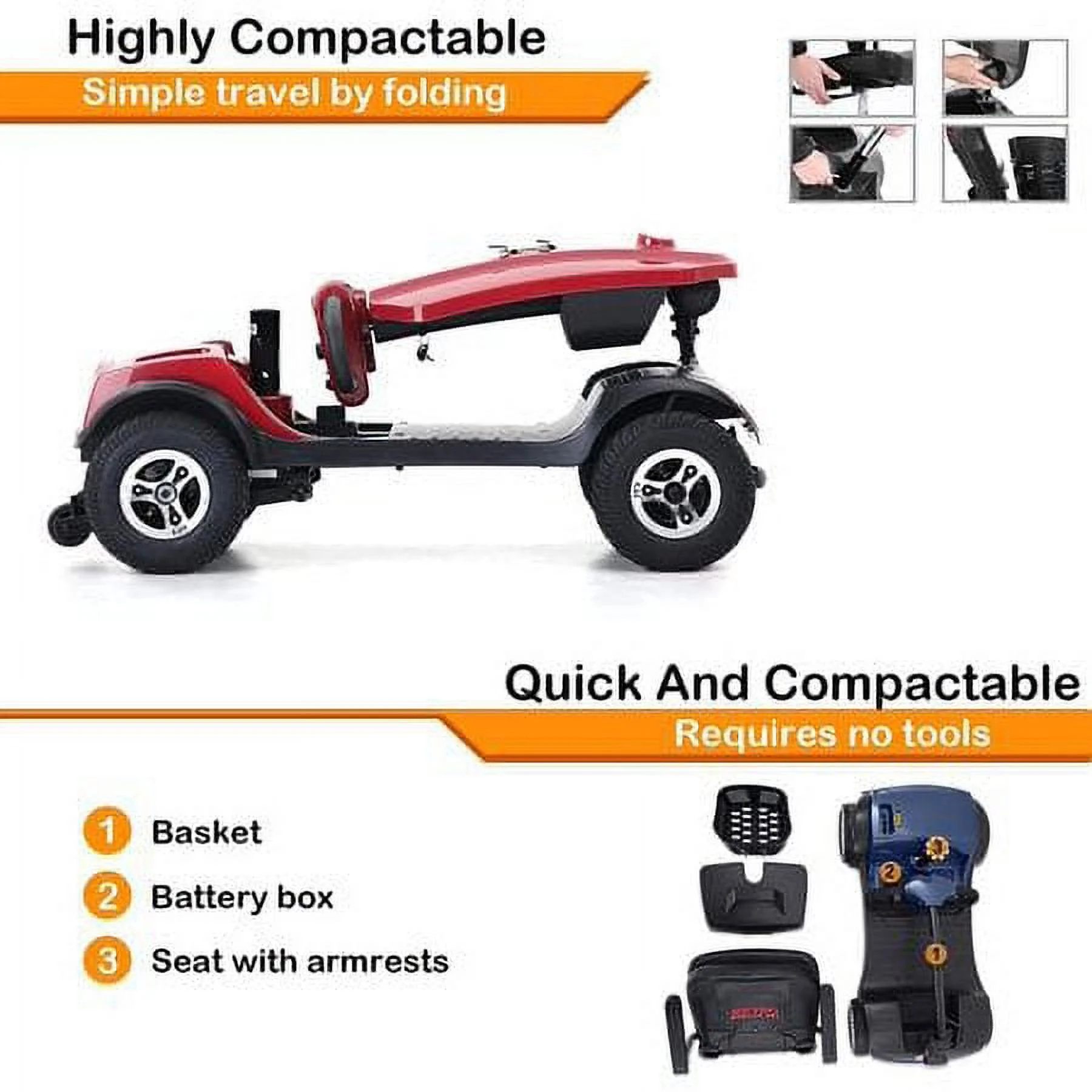 Mobility Scooter 4 Wheels LED Lights USB Port Extra Long Range for Seniors Adults Red