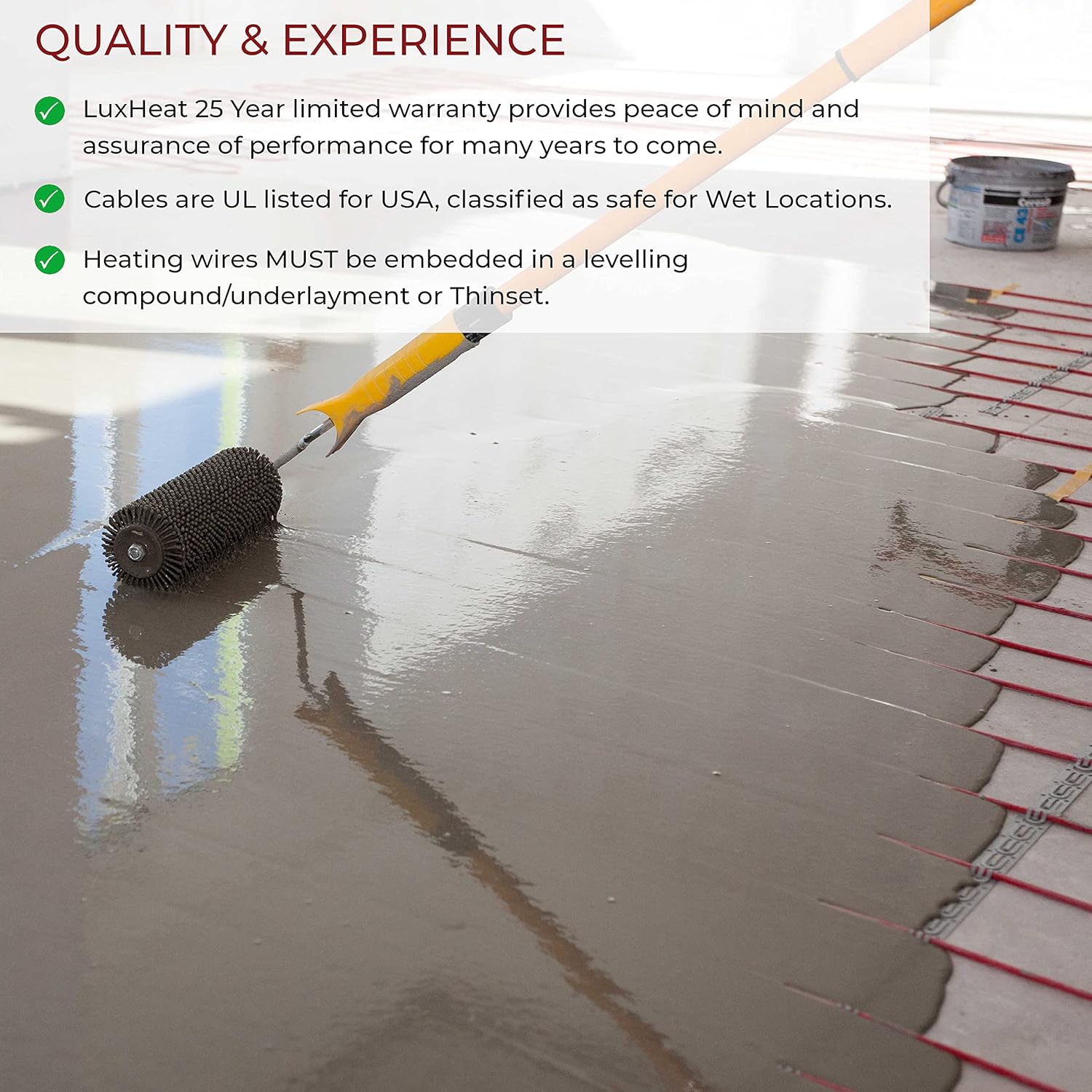 LuxHeat Floor Heating Cable Set, 15 Sqft - 120v Electric Radiant Floor Heating System Under Tile. Set Includes, Floor Heating Cable, Strapping, UDG OJ Microline Programmable Thermostat with GFCI
