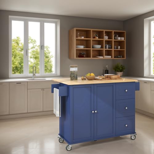 Proaxil Kitchen Island with Drop Leaf, Island Table with Wood Top Butcher Block Countertop on Wheels Microwave Stand with Storage Cabinet with Drawers Modern Rolling Cart (52.7 Inch Width)