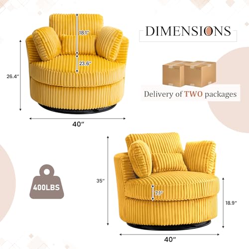Chair and A Half with Ottoman, 360° Swivel Accent Barrel Chair Modern Comfy Round Reading Sofa Swivel Chairs Circle Lounge Chair for Bedroom Living Room w/4 Pillow Lower Seating Heigh (White, Large)