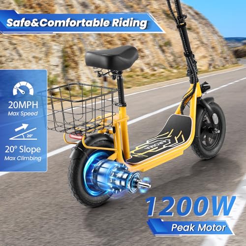 Caroma Peak 800W/1200W Electric Scooter Adults, 30 Miles Max Range, Foldable Electric Scooter with Seat, Front Suspension, Detachable Large Basket,Commuter E-Scooter for Adult and Teens