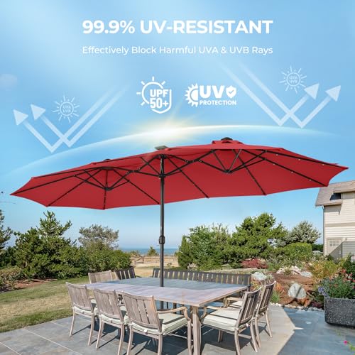 Double Sided Patio Umbrellas - 15ft Solar Lights LED Lighted Outdoor Extra Large Market Table Umbrella with Base Included, Oversized Umbrella for Deck, Pool, Backyard