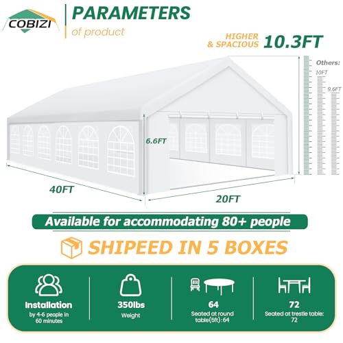 COBIZI 20x40 Party Tent Heavy Duty, Galvanized Wedding Tent, Event Shelter for Parties, Outdoor with Removable Sidewall & Built-in Sandbag, Carpas para Fiestas, Large Canopy, Waterproof, White