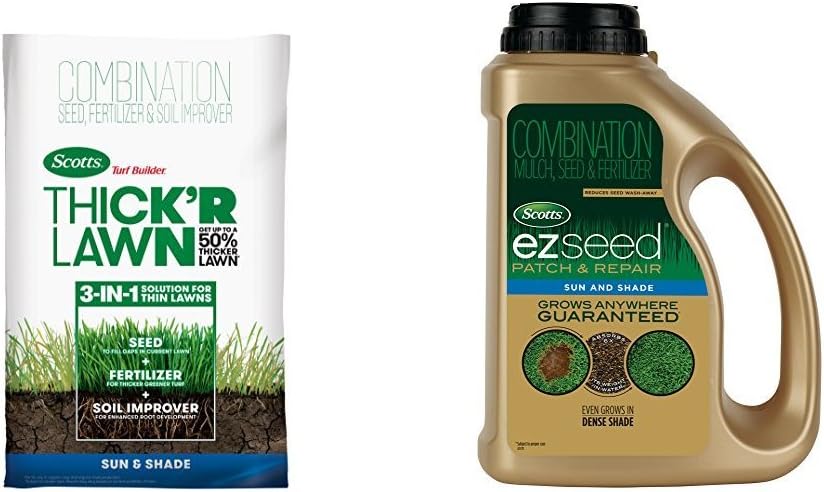 Scotts Turf Builder Thick'R Lawn Sun & Shade - 3 in 1 Lawn Fertilizer, Seed, & Soil Improver for a Thicker, Greener Lawn, Seeds up to 4,000 sq. ft., 40 lb. Pack of 2