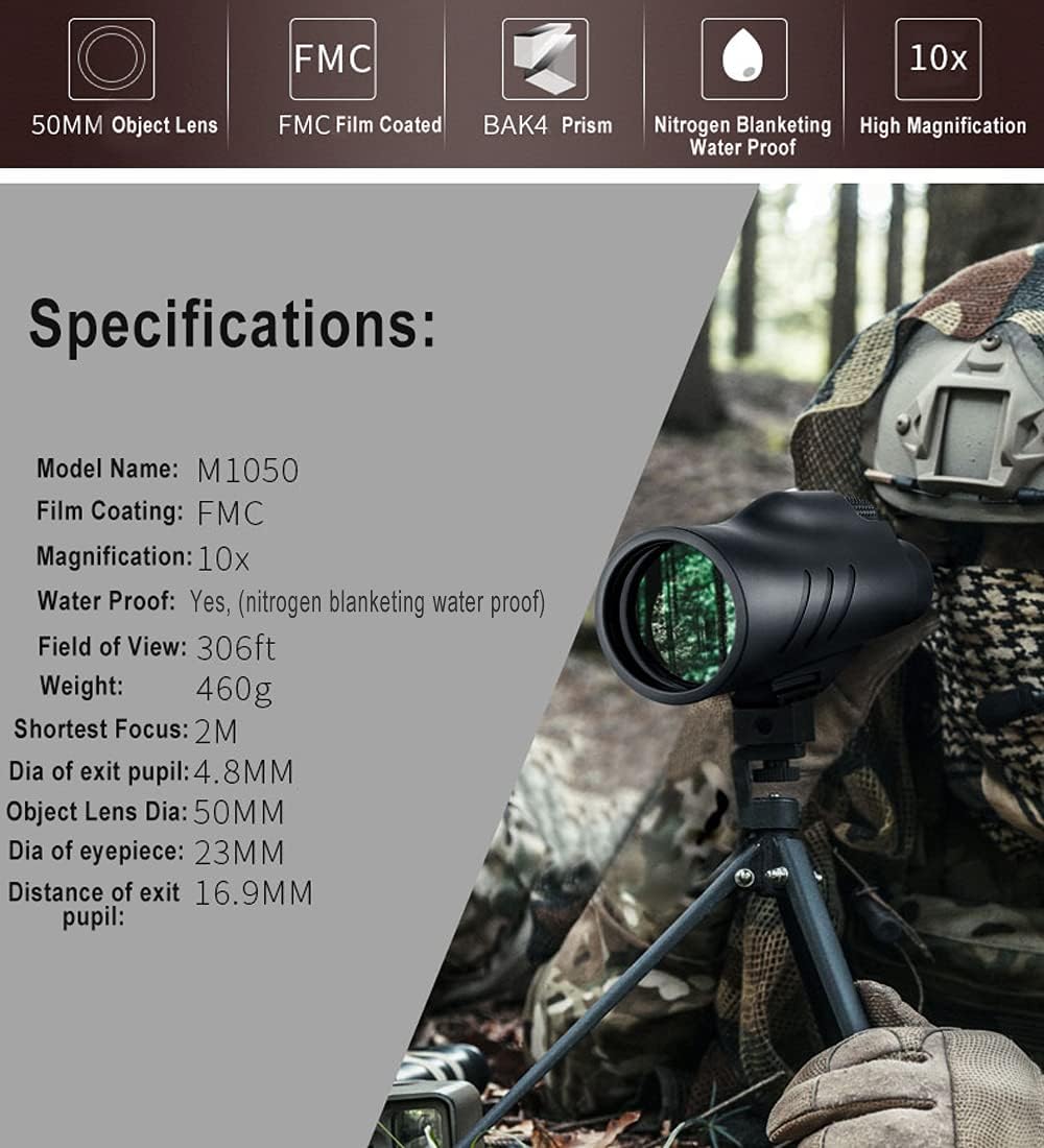 Asika10x50 Monocular Nitrogen Blanketing Water Proof FOV 306ft@1000yds with BAK4 Optical Roof Prism & FMC Multi-Layer Optical Coating Monocular for Bird Watching, Hunting, Sport & Outdoor Activities
