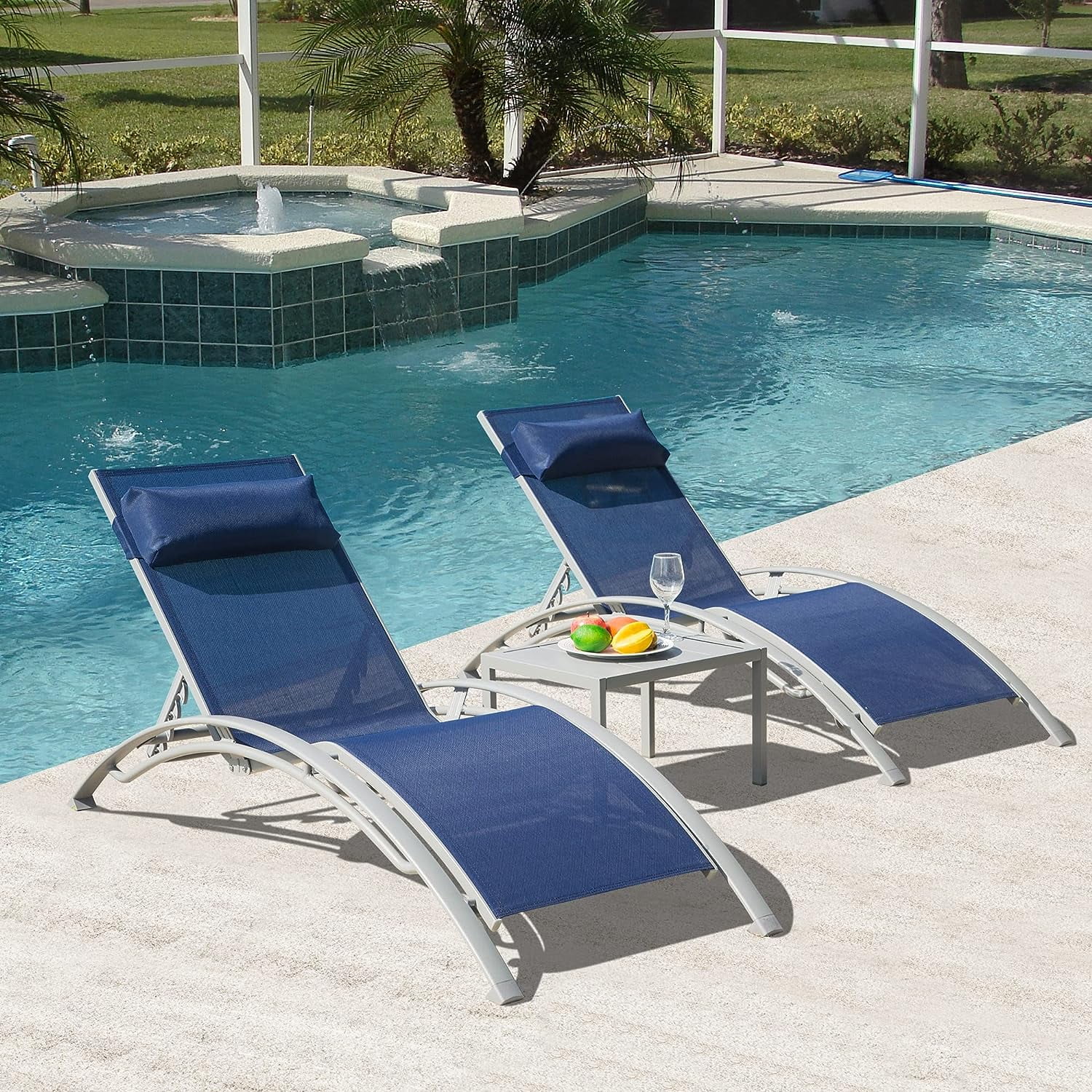 Domi Lounge Chair Set of 3, Aluminum Lounge Chairs for Outside with 5 Adjustable Positions, Chaise Lounge Outdoor for Pool, Garden, Beach, 2 Pool Chairs and 1 Side Table(Blue)