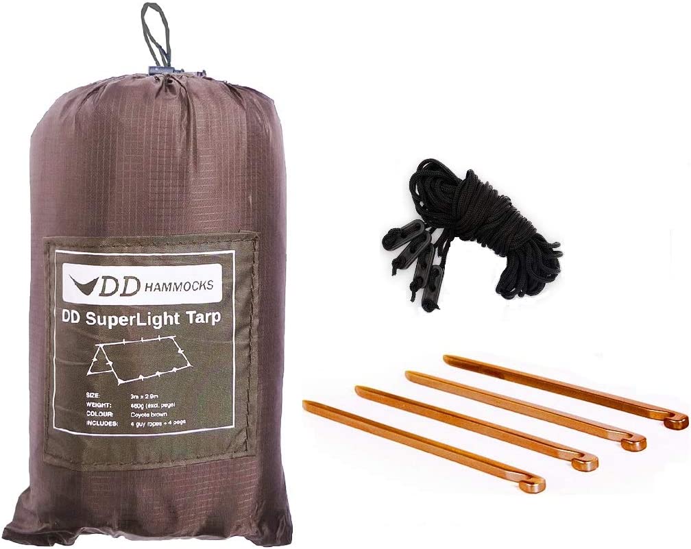 OUWI - DD Superlight Tarp (10ft x 10ft) - 100% Waterproof Ripstop Nylon Compact Ultralight & Multifunctional Rainfly Tarp Tent Shelter for Camping Backpacking Hiking Adventure (Coyote Brown)