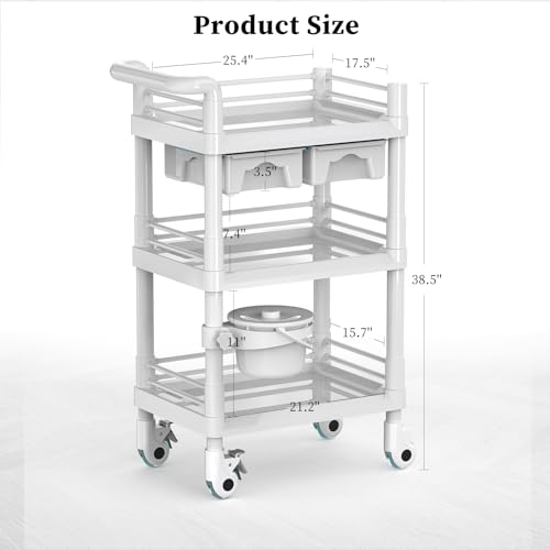Beauty Trolley Cart with Wheels, Esthetician Cart with Handrail, Bucket and 2 Big Drawer, 2 Tier Heavy Duty Beauty Salon SPA Cart, Load 330lbs, 360° Rotate Silent Wheels