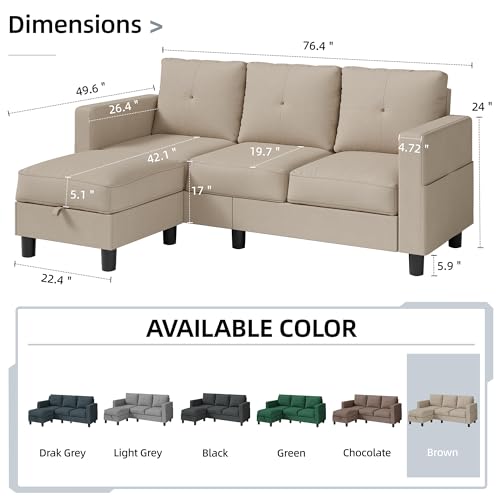 Shintenchi Upholstered Convertible Sectional Sofa for Living Room, 3 Seat L Shaped Couches with Storage Function Ottoman, Modern Linen Convertible Sofas with Reversible Chaise