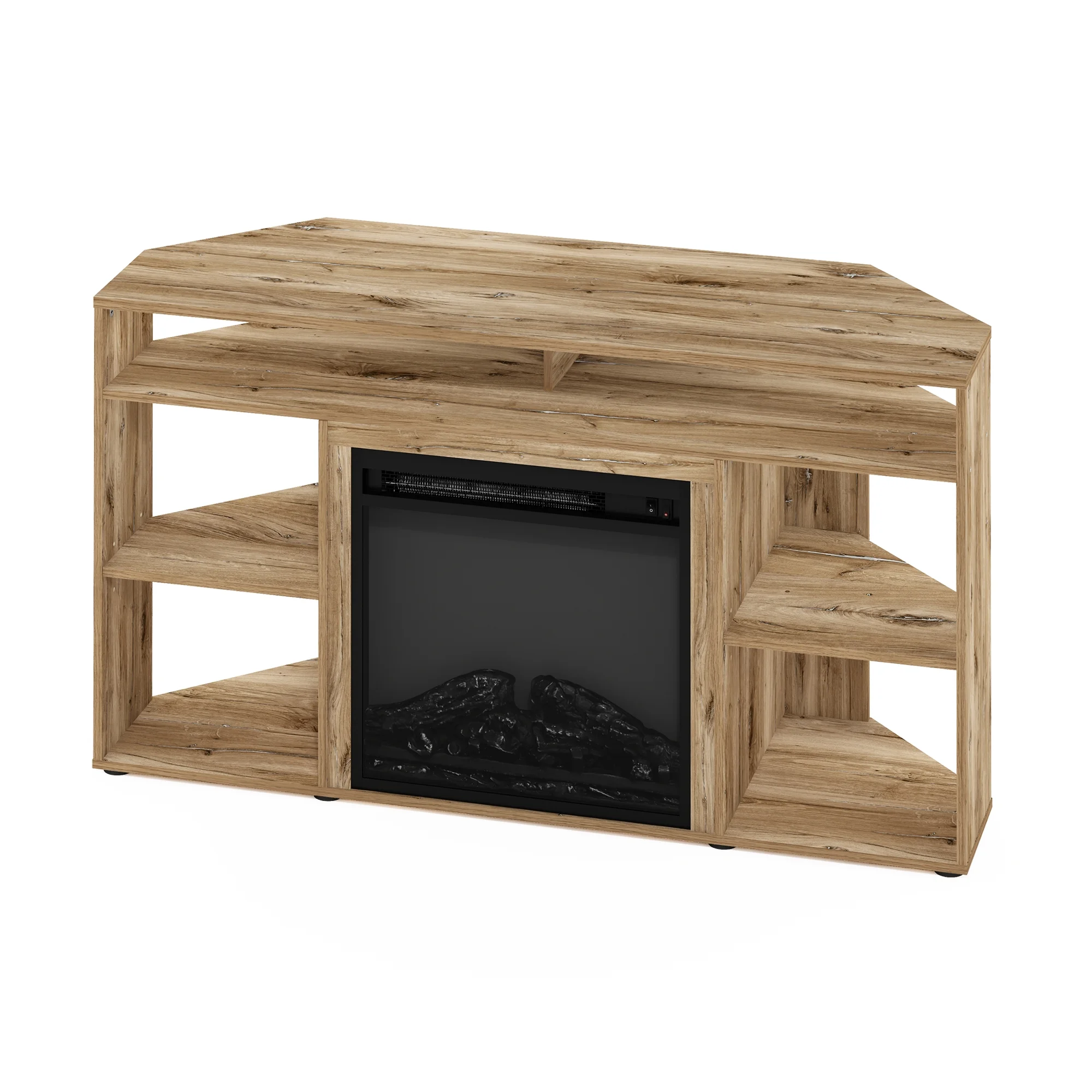 Furinno Jensen Corner TV Stand with Fireplace for TV up to 55 Inches, Flagstaff Oak