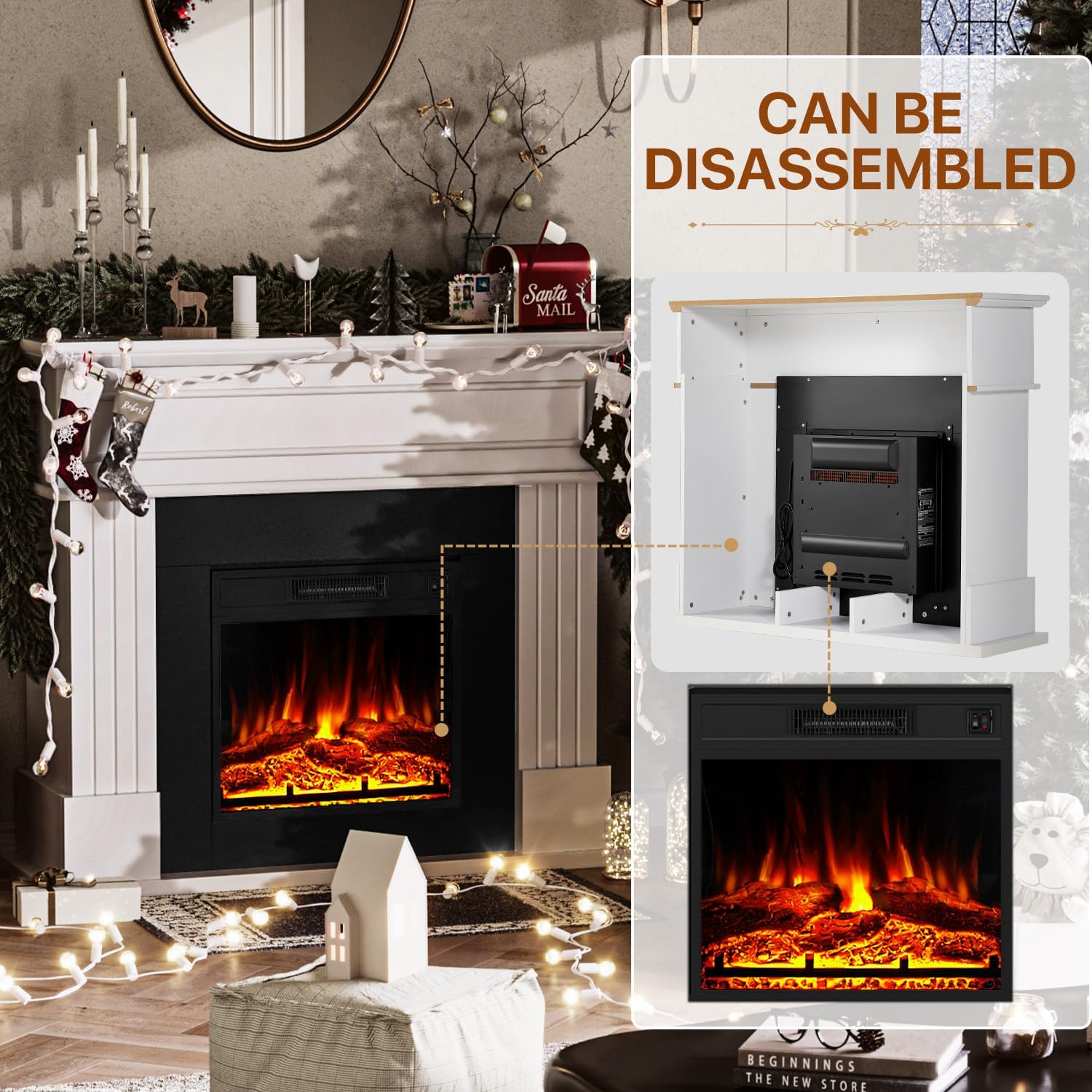 Electric Fireplace with 43" Mantel, 18 inchs Electric Fireplace Insert, Freestanding TV Stand with Fireplace Heater, Faux Log & Led Flames, 1500W Fireplace for Living Room