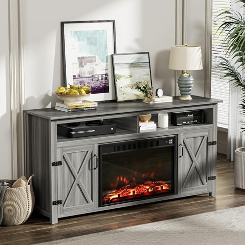 YESHOMY Farmhouse TV Stand for Televisions up to 65 Inches, Sliding Barn Doors and Storage Cabinets, Console Table and Media Furniture for Living Room, 58 Inch, Milk White