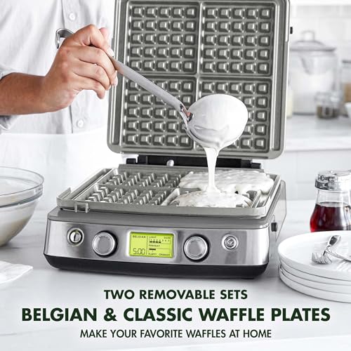 GreenPan Elite 4-Square Belgian & Classic Waffle Iron, Healthy Ceramic Nonstick Aluminum Dishwasher Safe Plates, Adjustable Shade/Crunch Controls, Wont Overflow, Easy Cleanup Breakfast, Cream White