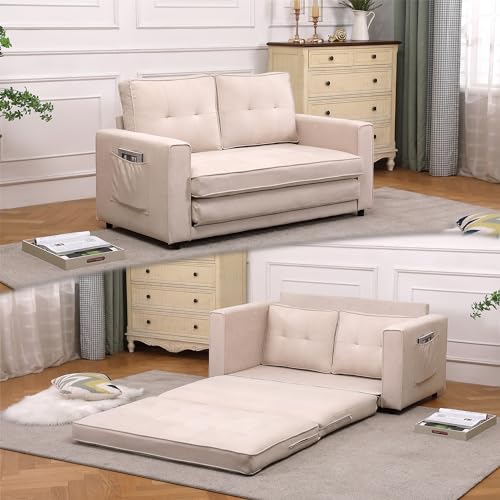 GERRIT 3-in-1 Upholstered Futon Sofa Convertible Floor Sofa Bed,Foldable Tufted Loveseat with Pull Out Sleeper Couch Bed,Folding Mattress Love Seat Daybed W/Side Pockets for Living Room (Dark Grey)