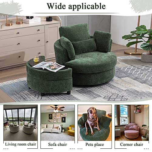 Chair and A Half with Ottoman, 360° Swivel Accent Barrel Chair Modern Comfy Round Reading Sofa Swivel Chairs Circle Lounge Chair for Bedroom Living Room w/4 Pillow Lower Seating Heigh (White, Large)