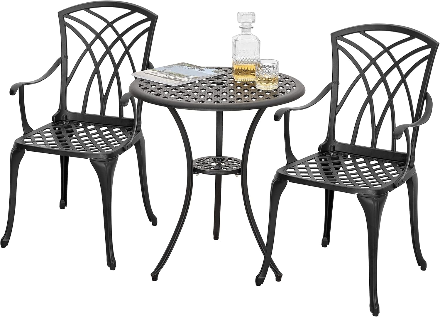 Nuu Garden 3 Piece Patio Bistro Sets Cast Aluminum Bistro Table Set Outdoor Patio Furniture with Umbrella Hole for Patio Balcony, Black