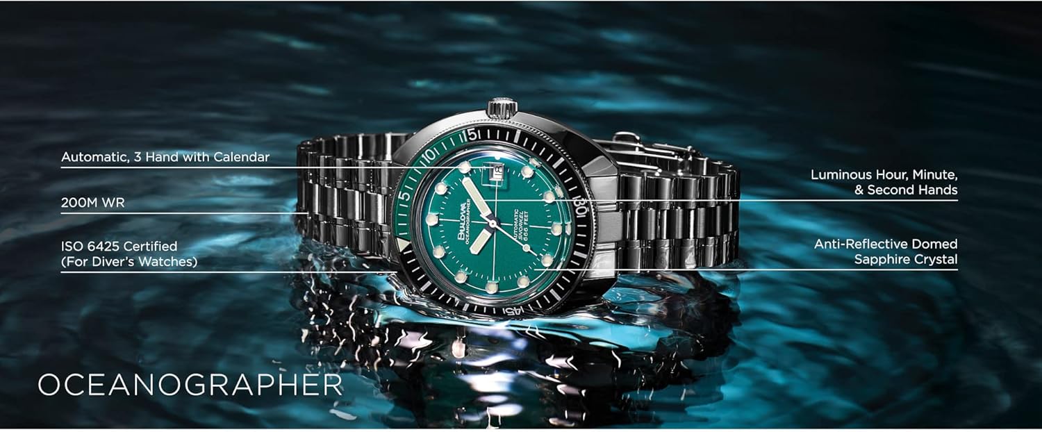 Bulova Men's Oceanographer Stainless Steel 3-Hand Automatic Watch, Green Dial Style: 96B322