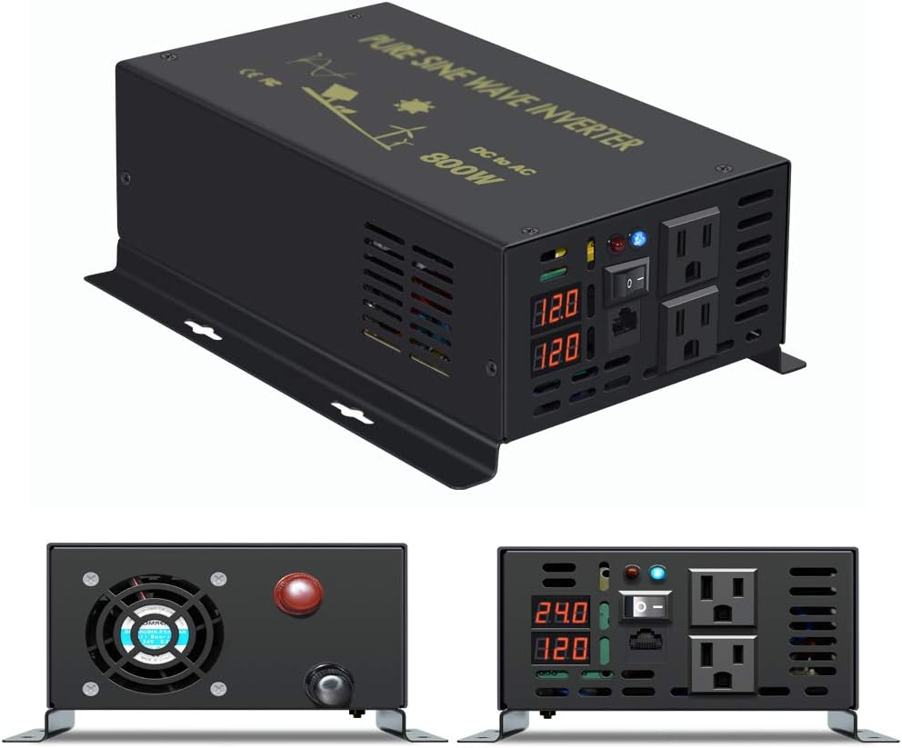 Pure Sine Wave Inverter 800Watt 12V DC to 110V 120V Power Inverter with Remote Control Dual AC Outlets for CPAP RV Car Solar System