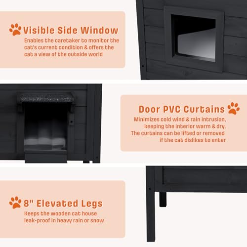 BRIOPAWS Outdoor-Cat-House-Insulated | Feral-Cat-Shelter for Winter | Weatherproof | Large Wooden Pet House for Multiple Cats | Foldable Ladder | Acrylic Side Window | Grey