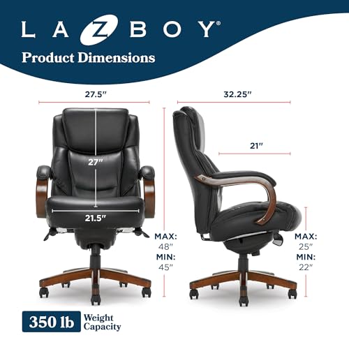 La-Z-Boy Delano Big & Tall Executive Office Chair, Ergonomic Mid-Back Body Pillow Lumbar Support, ComfortCore Memory Foam Cushion, Mahogany Wood Arms & Swivel Base, Bonded Leather, Chestnut Brown