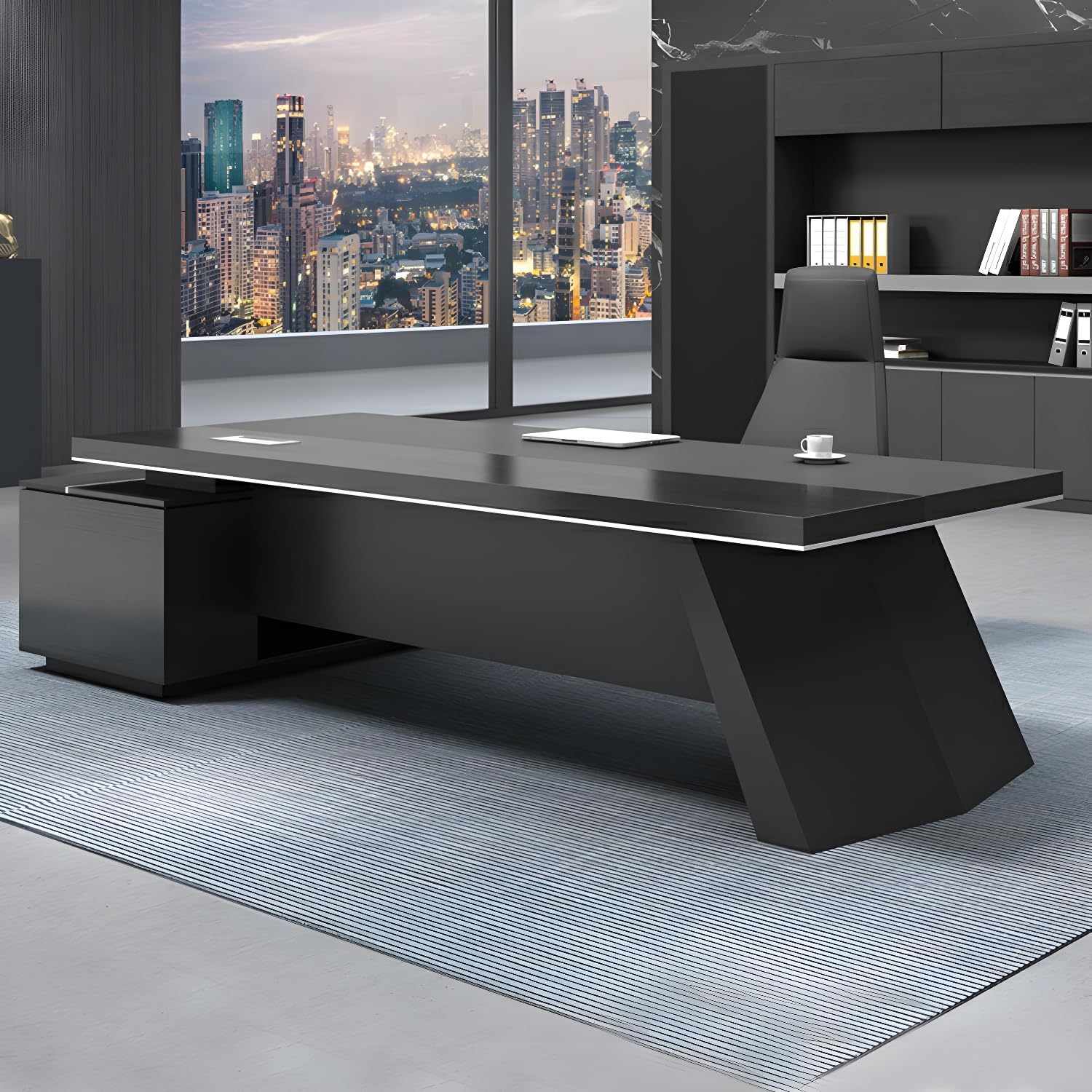Black L-Shape Office Desk with Cabinet for Boss Supervisor Manager, Wood L Shaped Executive Desk Reception Desks for Home Office, Engineered Wood Writing Working Table Study Desk