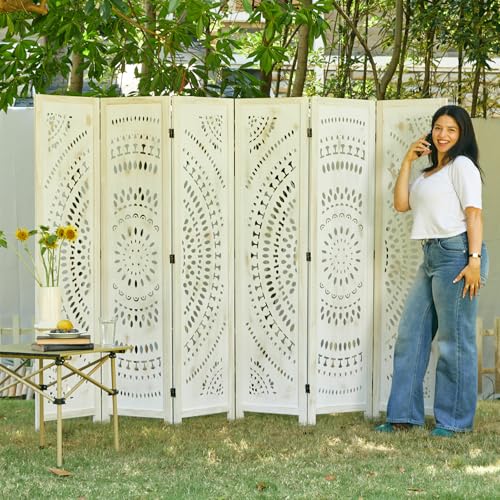 Room Divider Wood Carved Wall Divider Indoor Folding Bohemian Style Portable Partition Screen for Home Office Garden Terrace - 6 Panels (Antique, White-Washed)