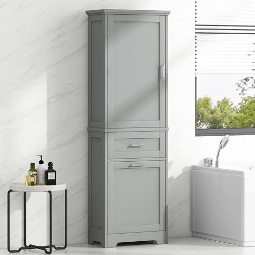 Tall Bathroom Storage Cabinet, Narrow Storage Cabinet, Freestanding Linen Cabinet with Two Different Size Drawers and Adjustable Shelf, Tall Cabinet Storage for Bathroom，Living Room (White)