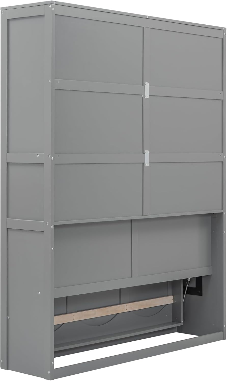 Queen Size Murphy Bed with Shelves, Easy Fold Wood Wall Bed, Space-Saving Murphy Bed Cabinet Queen for Guest Room Home Office,Grey