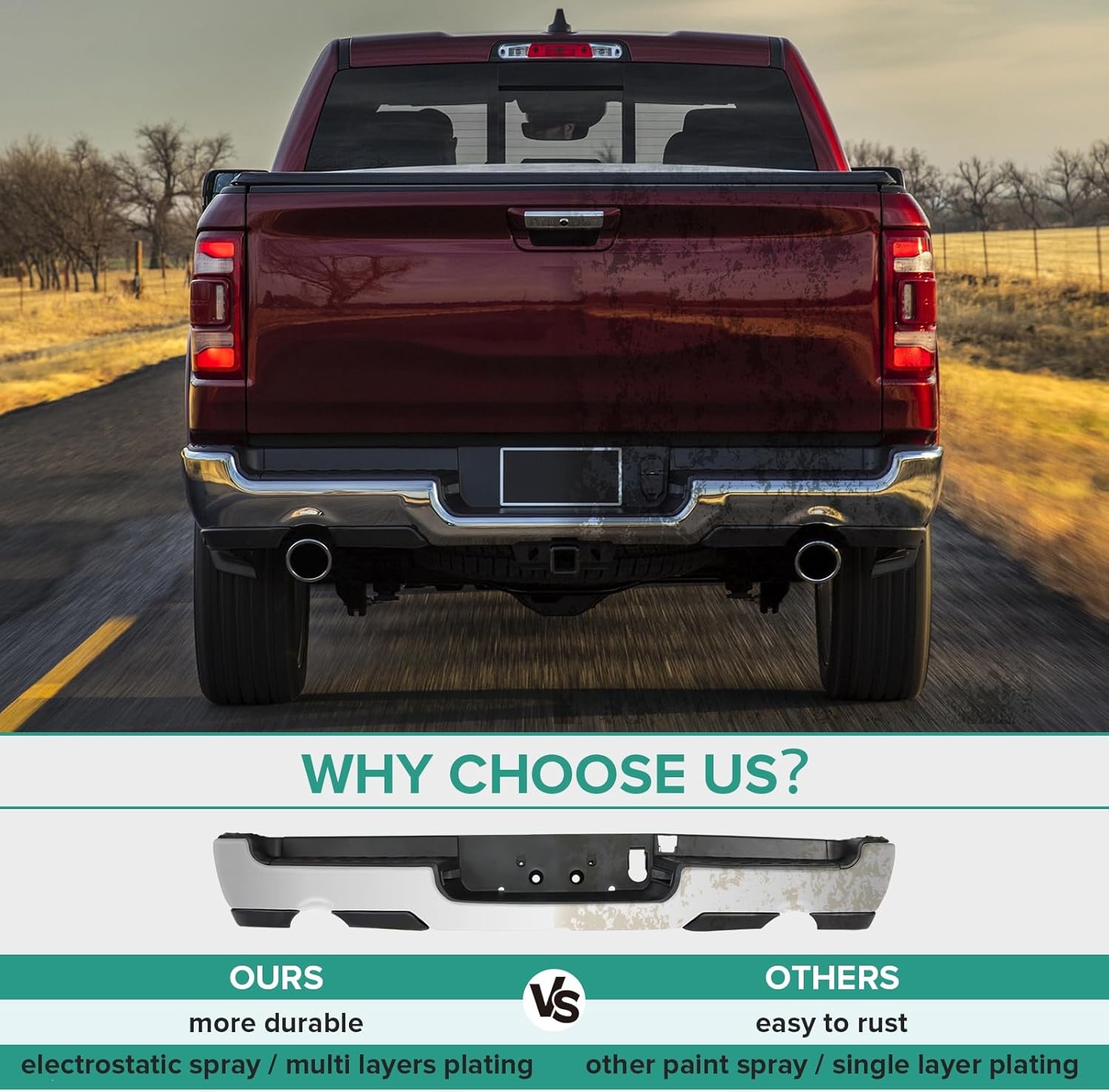 Rear Step Bumper Assembly Compatible for 2019-2024 Ram 1500, w/Dual Exhaust, Steel Chrome CH1103145
