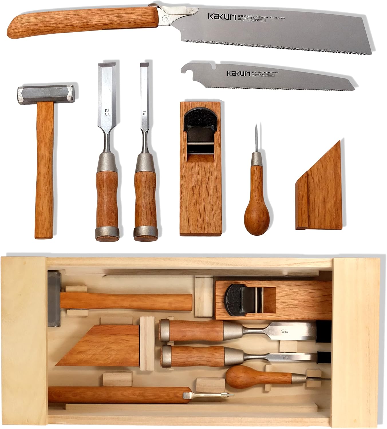 KAKURI Japanese Woodworking Tool Set, Professional Carpentry Tool Kit 8 Pcs (Japanese Pull Saws, Hammer, Chisels, Plane, Auger, Square), Japanese Red Oak, Made in JAPAN