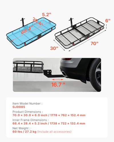 VEVOR 70" x 30" x 6", Hitch Cargo Carrier, 500 lbs Capacity with Nighttime Reflective Reminder, Folding Hitch Mount Cargo Carrier Basket with Hitch Lock for 2" Receiver, Fit for SUVs