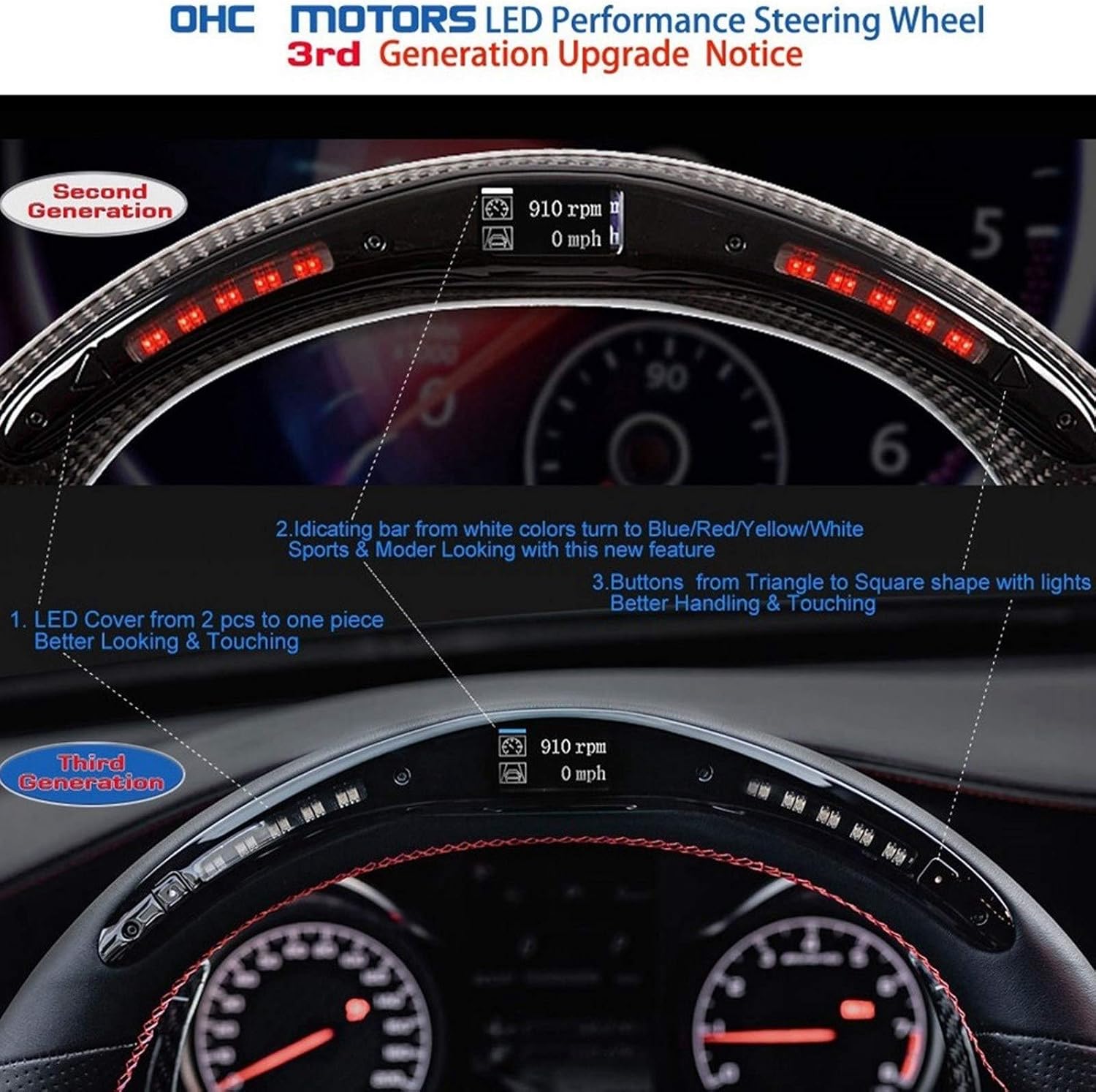 Qiilu LED Steering Wheel, Carbon Fiber Racing Steering Wheel Flat Bottom D-Type Car Steering Wheel LED Shift Lights Display Black Suede w/Red Stitching Fit for Nissan 370z 2009-2020