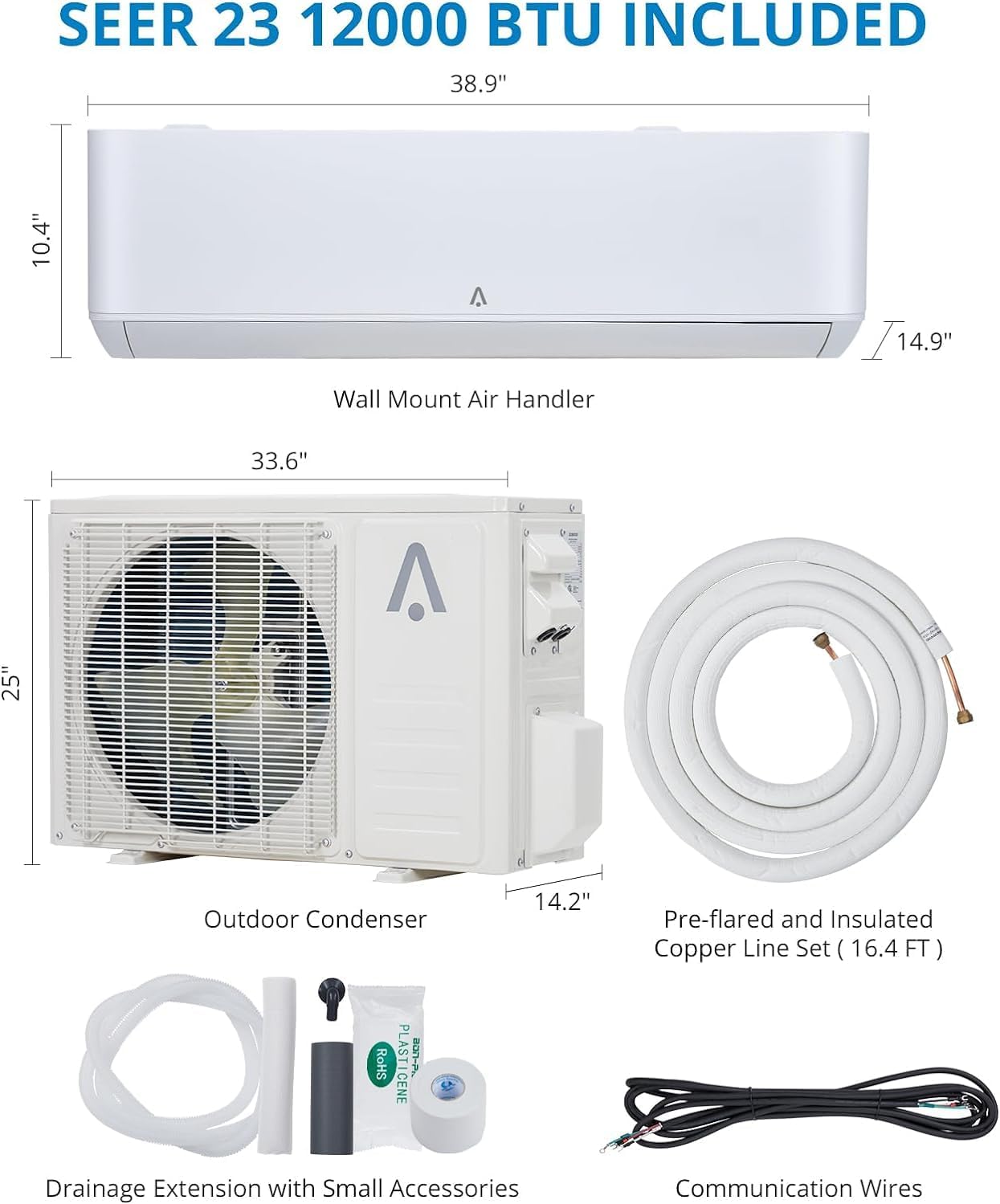 Split Air Conditioner 12,000Btu, ACONEE Split AC/Heating System 23 SEER Split-System Air Conditioner Inverter Wall Mount Ductless Split A/C, Cools Up to 750 Sq. Ft, Full 16.4 ft Installation Kits