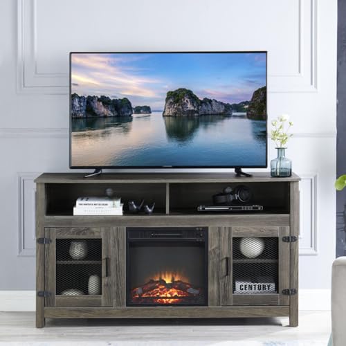 Modern Farmhouse Fireplace TV Stand with Electric Fireplace for Living Room, Media Entertainment Center for TVs up to 65" with Storage Cabinet and Adjustable Shelves, Grey Color