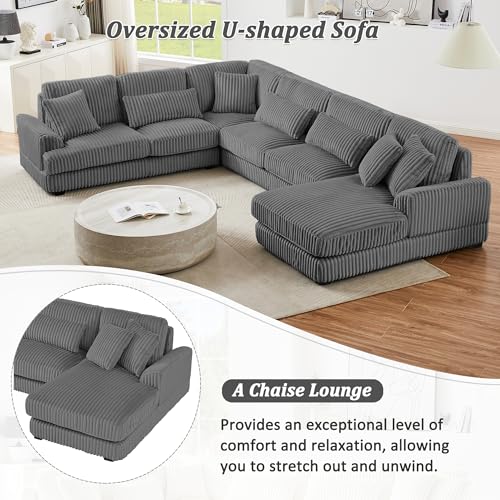 Oversized U-Shaped Sectional Sofa Couch Plush Corduroy Upholstered Modular Deep Seat Sofa&Couch Sectional W/Right Facing Chaise Lounge and 7 Toss Pillows for Home Apartment Living Room Furniture Sets