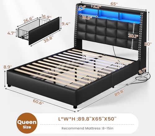Itaar Queen Bed Frame with Storage Headboard and 4 Drawers, 50" High Upholstered Headboard with Hidden Storage, Platform Bed Frame with Led Lights and Charging Station, No Box Spring Needed, Gray