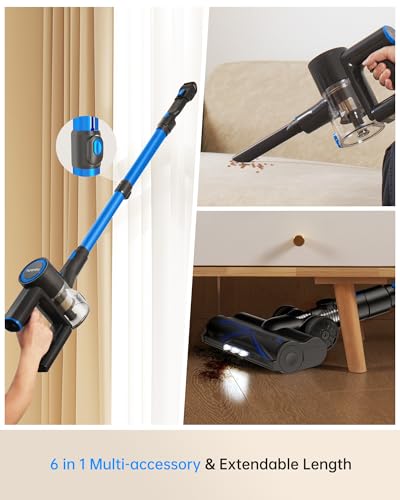 FABULETTA Cordless Vacuum Cleaner for Home, 400W Lightweight Vacuum Cleaner with MAX 47Min Detachable Battery, Brushless Motor, 6 in 1 Stick Vacuum for Hardwood Floors and Carpet Pet Hair Car（Blue）