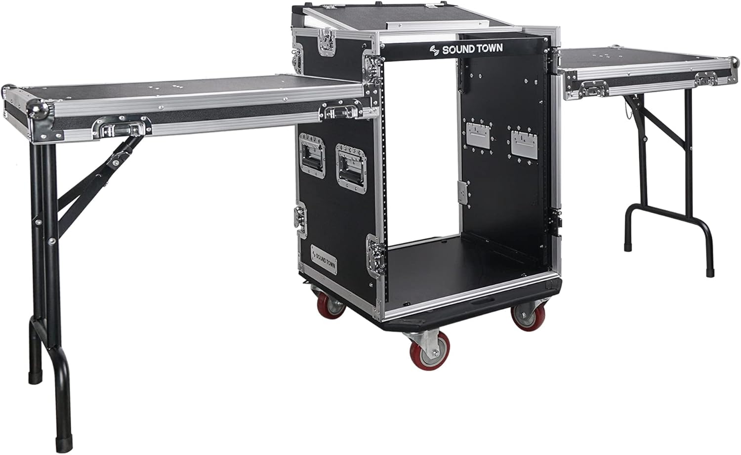 Sound Town 14U PA DJ Rack/Road ATA Case with 11U Slant Mixer Top, 20���� Rackable Depth, DJ Work Table and Casters, 14 Space Size, Pro Tour Grade (STMR-14UWT)