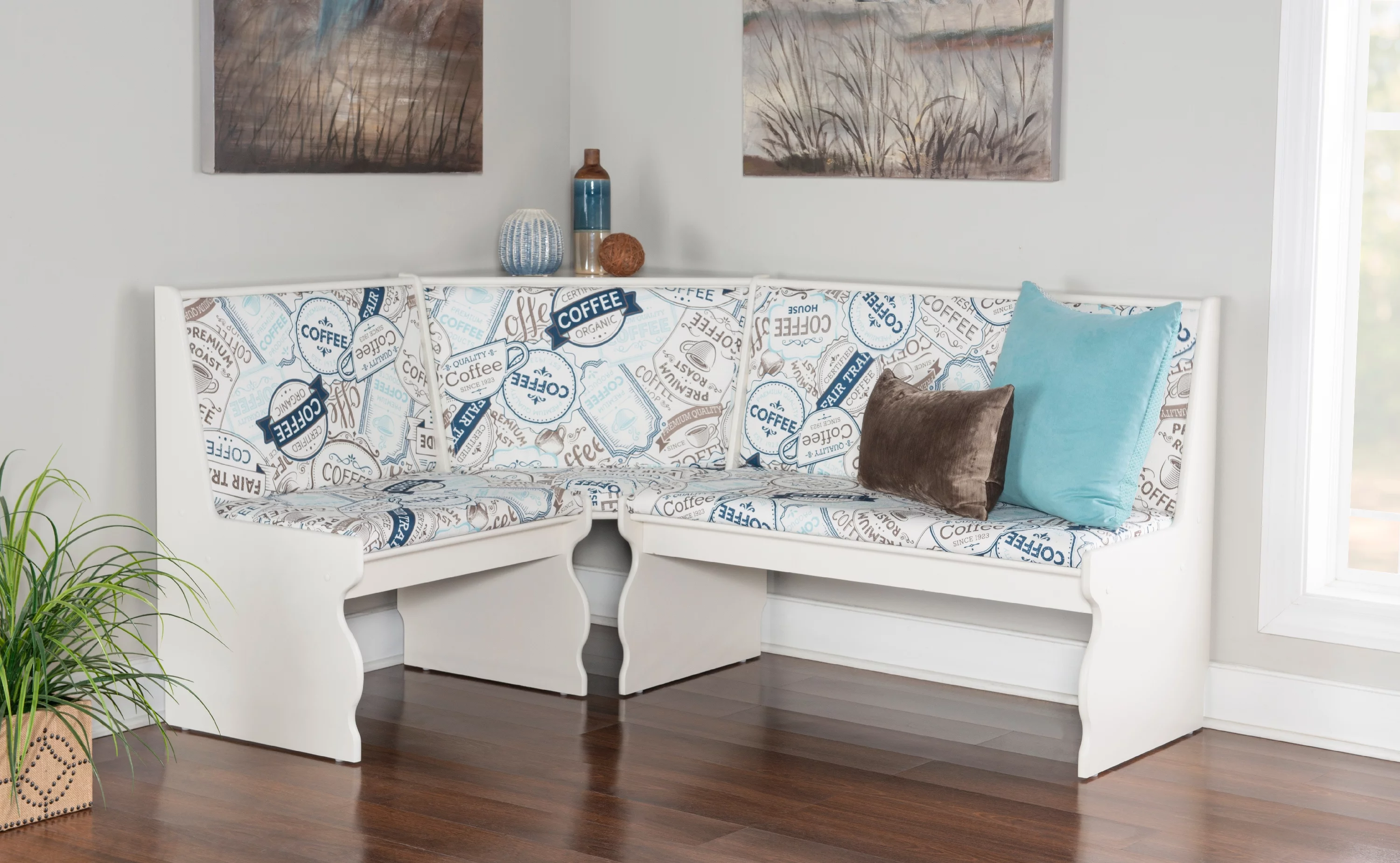 Linon Weston Corner Dining Breakfast Nook with Table and Bench, Seats 5-6, White Finish with Coffee Patterned Fabric